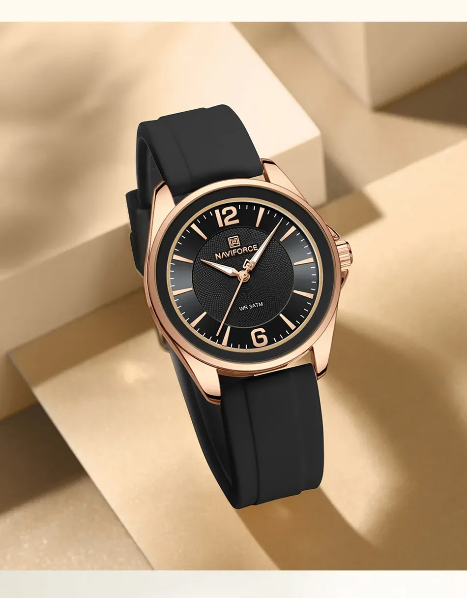 Montre femme NAVIFORCE NF5068, quartz ronde en silicone et 3 ATM