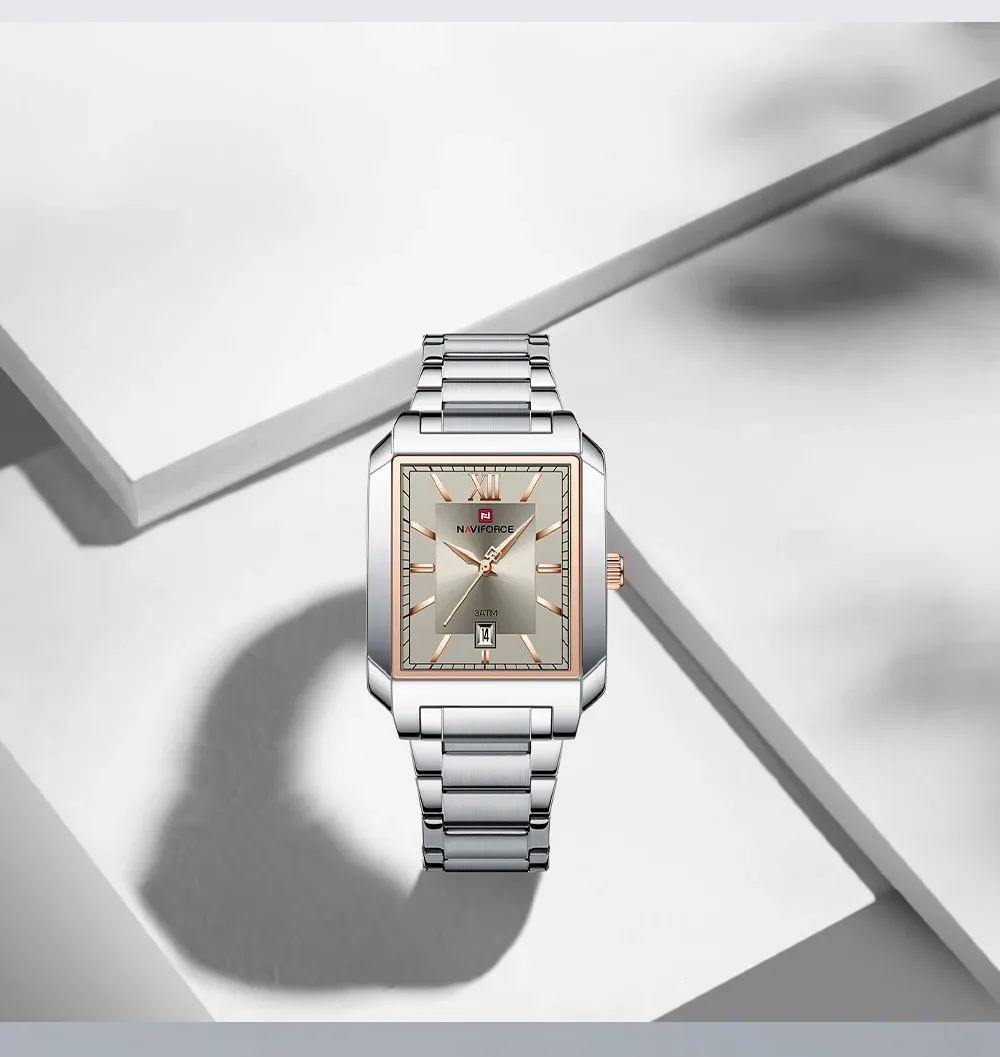 Montre NAVIFORCE femme rectangulaire en acier, quartz et date