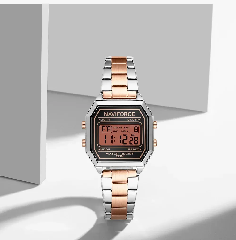 Montre numérique femme NAVIFORCE NF5063S en acier, LED et calendrier