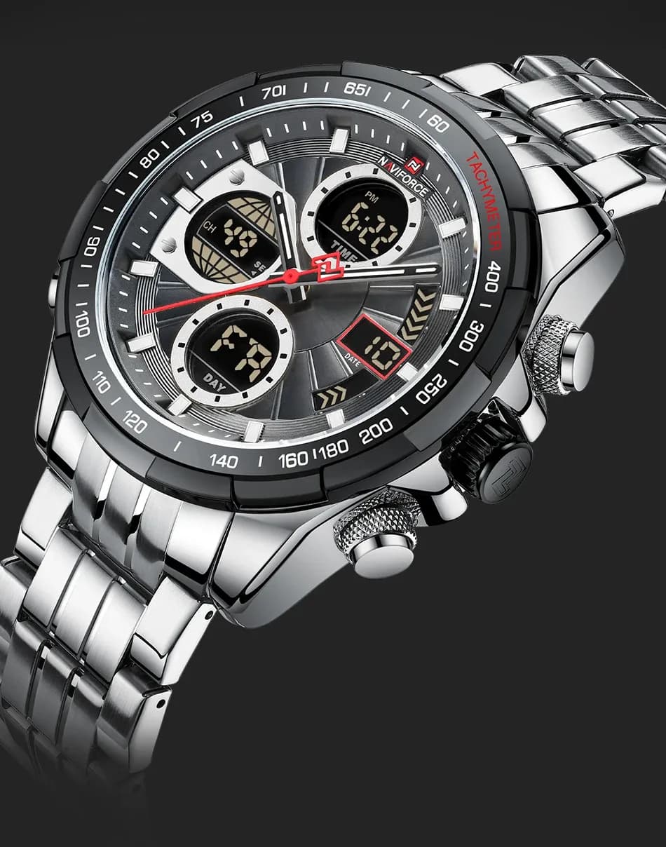 Montre NAVIFORCE à double affichage en acier inoxydable, étanche 30 m
