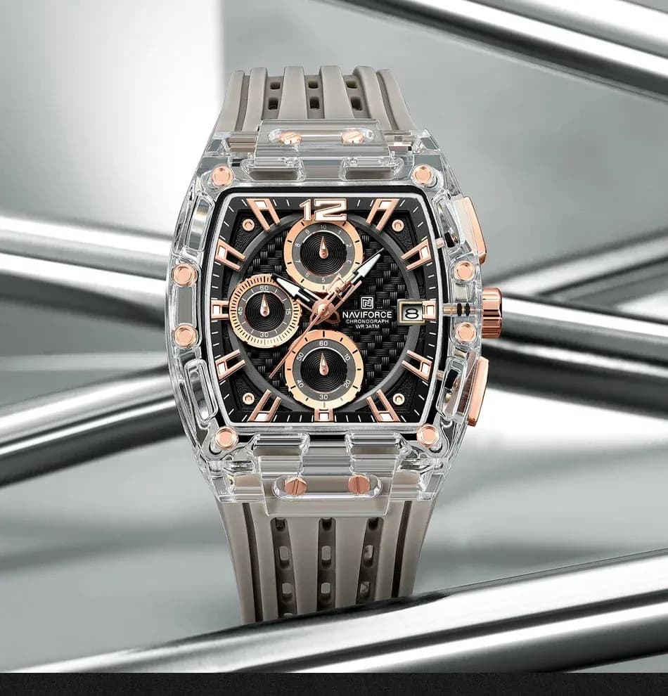 Montre NAVIFORCE tonneau transparente en silicone, quartz sport