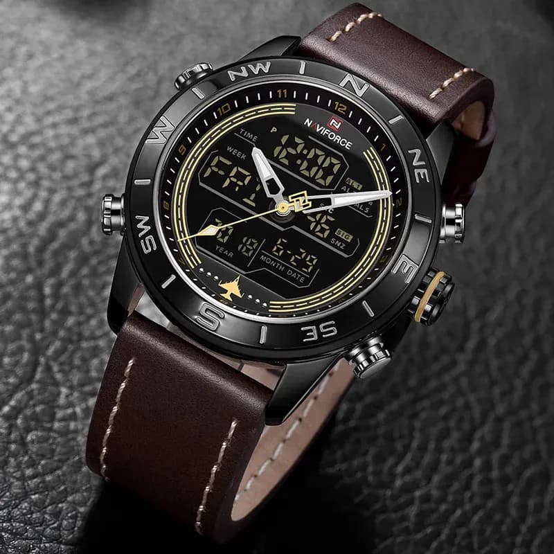 Montre NAVIFORCE NF9144-BY à double affichage en cuir véritable