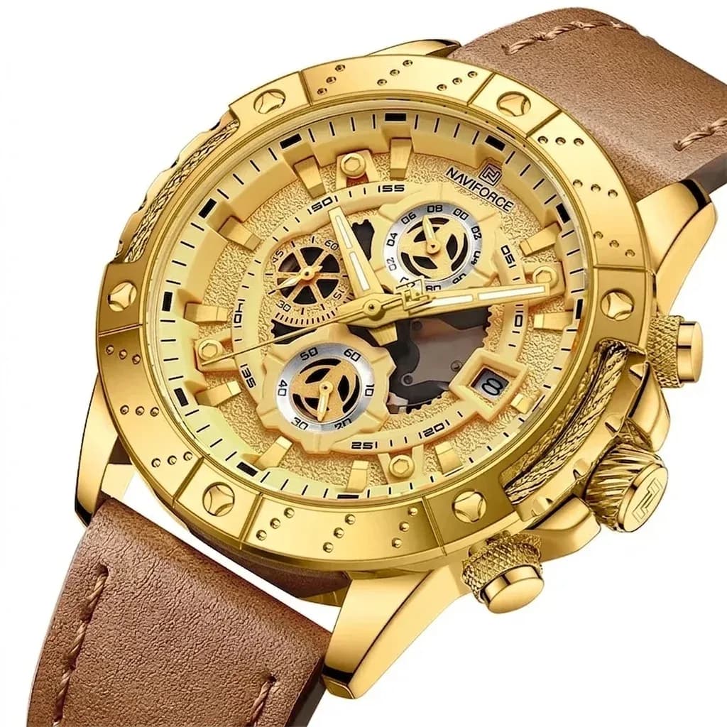 Montre homme NAVIFORCE dorée cuir brun