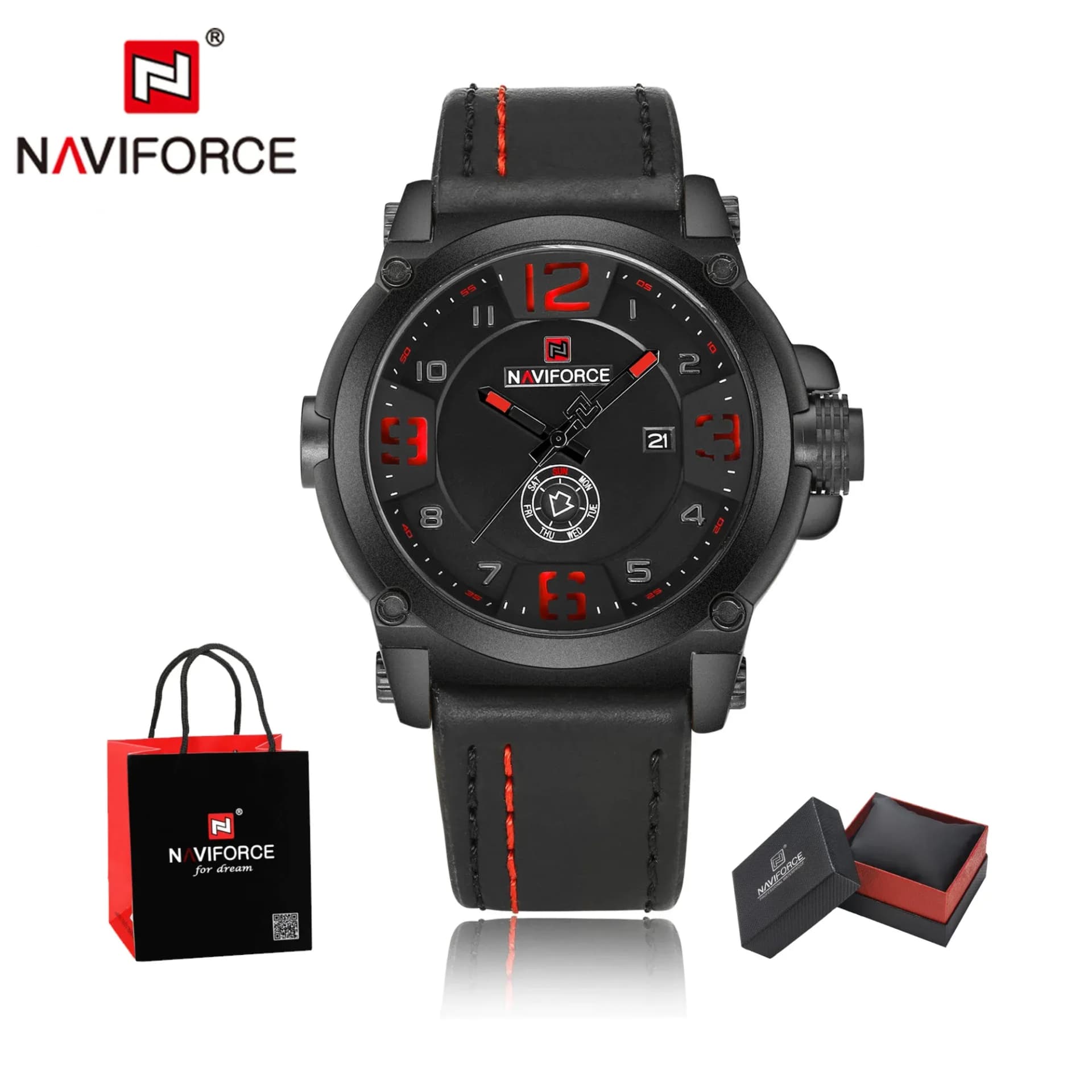 Montre NAVIFORCE homme cuir sport militaire à quartz, calendrier complet