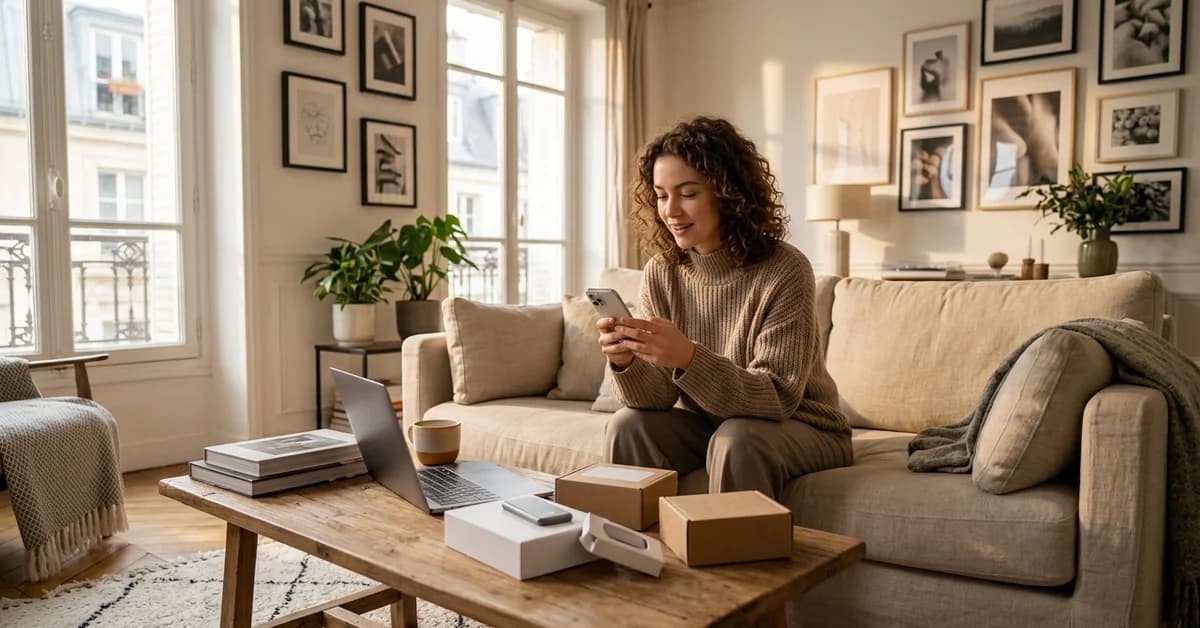 Utilisateur français consultant l’application AliExpress sur smartphone dans un salon moderne, avec petits objets du quotidien et ambiance chaleureuse de shopping en ligne