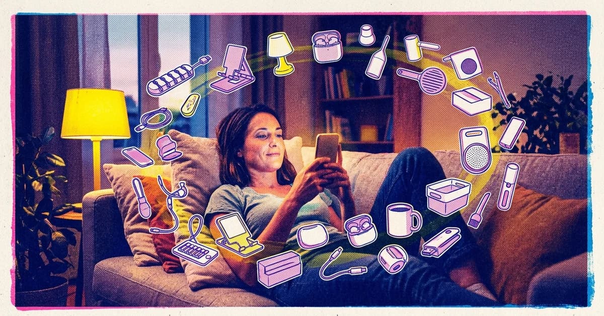 Personne sur un canapé utilisant une application de shopping en ligne sur smartphone, entourée d’objets du quotidien comme accessoires tech et rangement, dans un style risograph pour illustrer AliExpress France