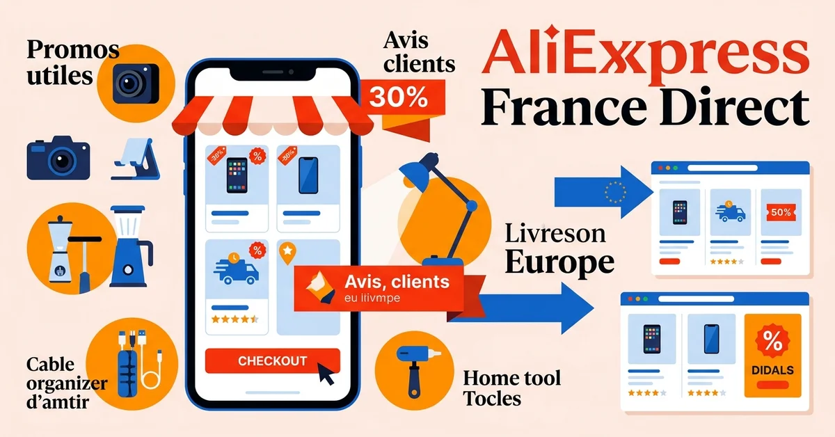 Illustration de couverture en style vectoriel plat montrant un smartphone avec application de shopping, promotions, avis clients, livraison Europe et gadgets du quotidien pour représenter AliExpress France Direct.