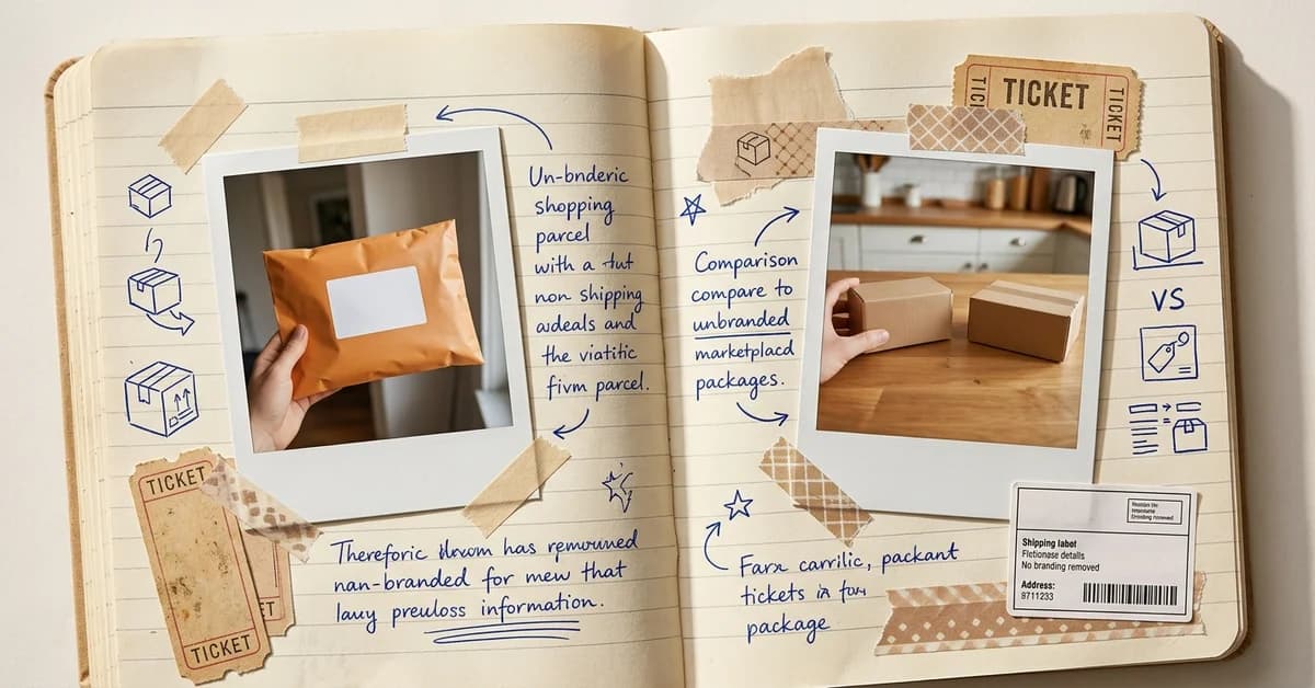 Page de scrapbook avec photos polaroid de colis et comparaison de livraisons entre marketplaces, ambiance éditoriale chaleureuse pour illustrer AliExpress ou Temu