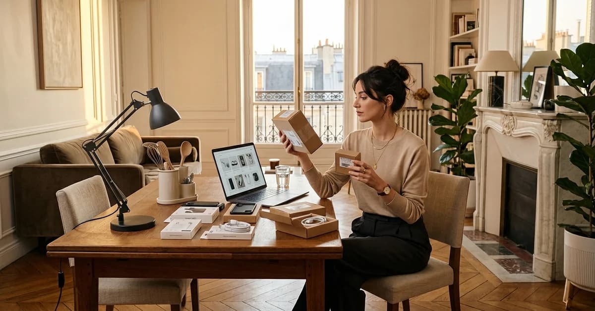 Femme élégante dans un appartement parisien comparant des achats en ligne et petits colis, image de couverture sur le guide shopping AliExpress France