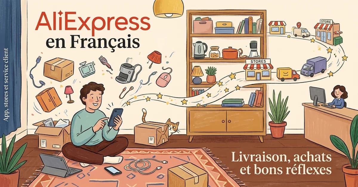 Illustration de couverture en style album jeunesse montrant une personne en France faisant du shopping sur AliExpress en français avec smartphone, colis, accessoires maison et ambiance chaleureuse.